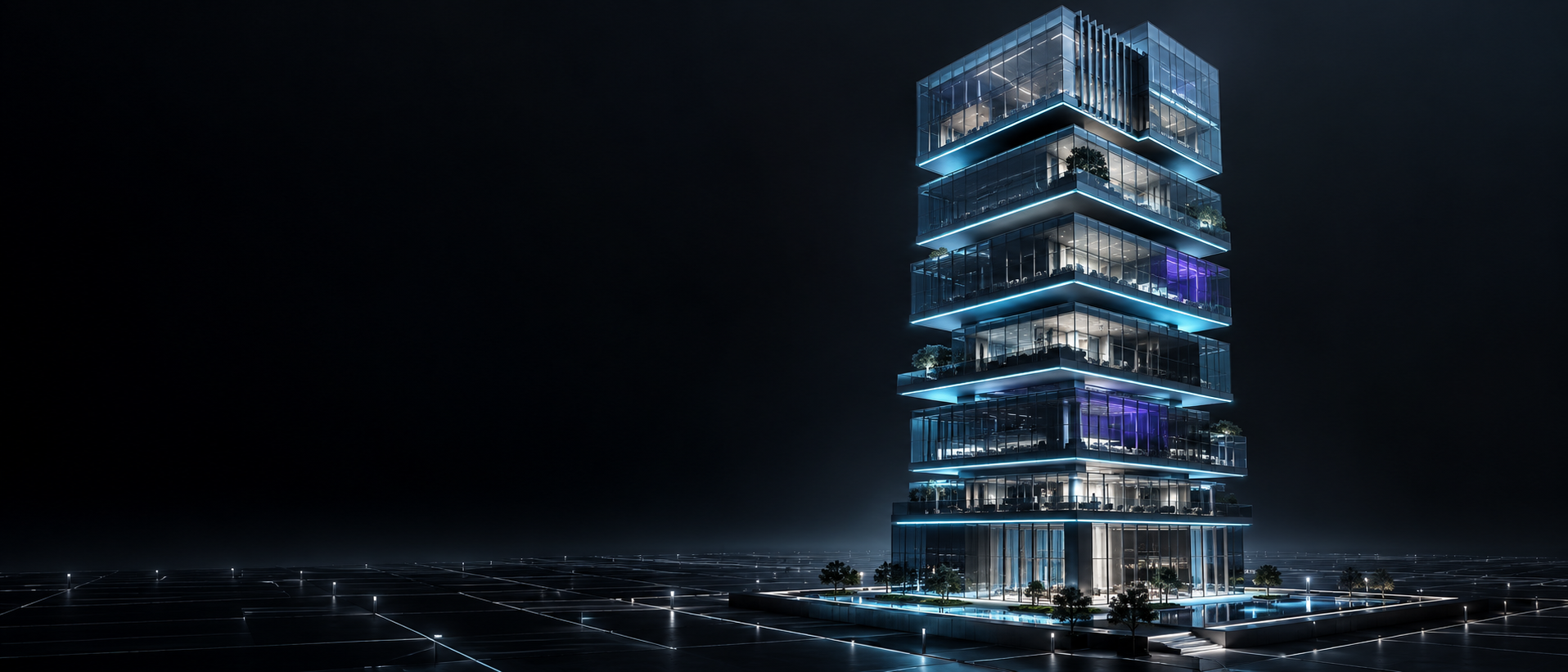 Futuristic glass tower separated into illuminated ownership layers